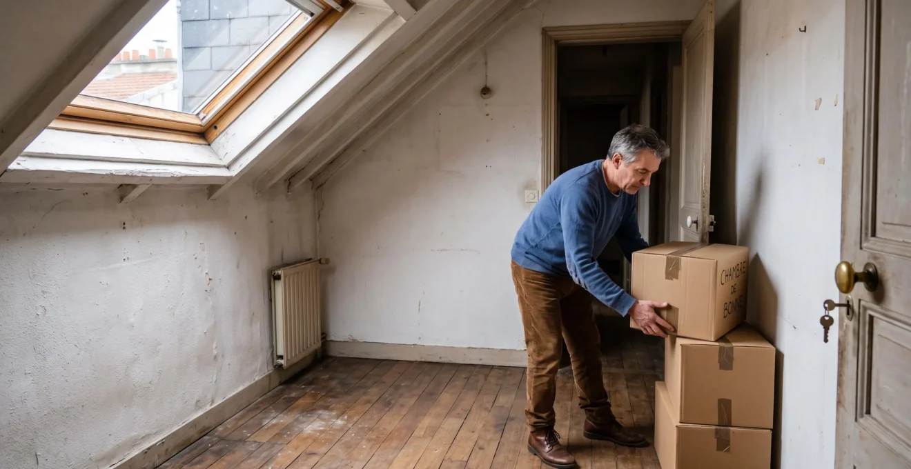 Un propriétaire vide les derniers cartons d'une petite chambre sous les toits baignée de lumière.